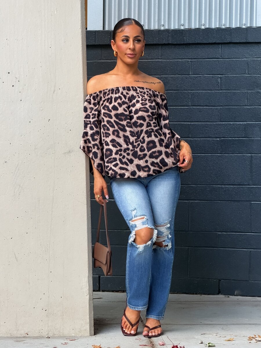SAYEHFBABY Women's Leopard Print Off Shoulder Flare Sleeve Fashion Blouse - Multicolor - View 1