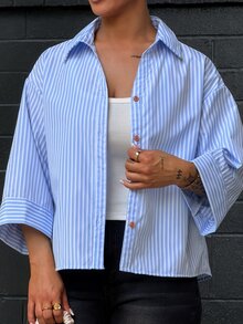 SAYEHFBABY 宽松休闲商务简约条纹七分袖女式衬衫 - 藍色 - 查看 5