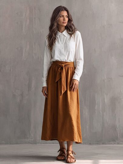 Glimmora Conjunto Preguiçoso de 2 Peças para Verão, Deslocamento & Férias, Camisa Branca com Gola + Saia Longa Marrom com Amarração na Cintura e Drapeado, Roupa Estilo Francês Relaxado