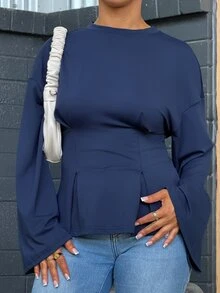 SAYEHFBABY 女士优雅通勤纯色喇叭袖修身收腰T恤 - 藏蓝色 - 查看 7