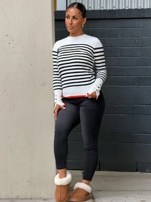SAYEHFBABY All-Match Round Neck Casual Versatile Striped Contrast Color Long Sleeve Knit Sweater Striped Long Sleeve Stripes Stripe Top - Black and White - View 4