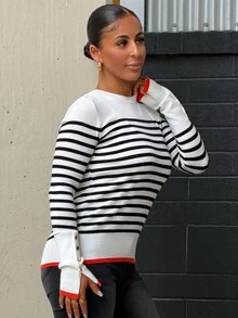 SAYEHFBABY All-Match Round Neck Casual Versatile Striped Contrast Color Long Sleeve Knit Sweater Striped Long Sleeve Stripes Stripe Top - Black and White - View 5