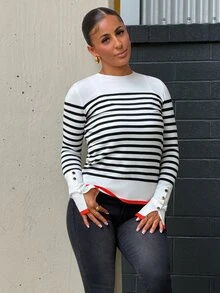 SAYEHFBABY All-Match Round Neck Casual Versatile Striped Contrast Color Long Sleeve Knit Sweater Striped Long Sleeve Stripes Stripe Top - Black and White - View 1