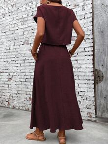 EMERY ROSE Women's Casual Solid Color Short Sleeve Top & Skirt 2 Pieces Set - Red Violet - View 2