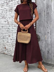 EMERY ROSE Women's Casual Solid Color Short Sleeve Top & Skirt 2 Pieces Set - Red Violet - View 7