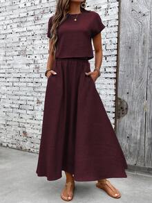EMERY ROSE Women's Casual Solid Color Short Sleeve Top & Skirt 2 Pieces Set - Red Violet - View 4