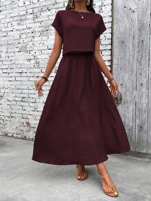 EMERY ROSE Women's Casual Solid Color Short Sleeve Top & Skirt 2 Pieces Set - Red Violet - View 5