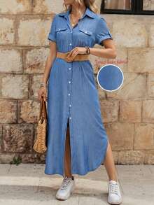 EMERY ROSE Vestido largo tipo camisa de mujer con efecto de tela de mezclilla para el verano - Celeste - Ver 3