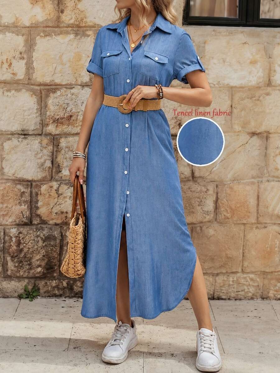EMERY ROSE Vestido largo tipo camisa de mujer con efecto de tela de mezclilla para el verano - Celeste - Ver 1