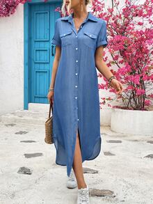 EMERY ROSE Vestido largo tipo camisa de mujer con efecto de tela de mezclilla para el verano - Celeste - Ver 7
