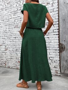EMERY ROSE Women's Solid Color Round Neck Short Sleeve Casual Loose Top And Skirt 2-Piece Set - Dark Green - View 2