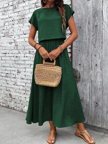 EMERY ROSE Women's Solid Color Round Neck Short Sleeve Casual Loose Top And Skirt 2-Piece Set - Dark Green - View 5