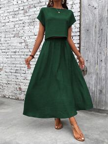 EMERY ROSE Women's Solid Color Round Neck Short Sleeve Casual Loose Top And Skirt 2-Piece Set - Dark Green - View 4