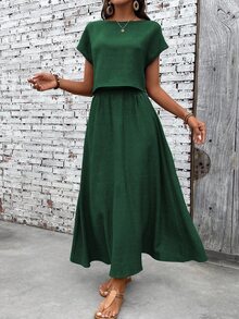 EMERY ROSE Women's Solid Color Round Neck Short Sleeve Casual Loose Top And Skirt 2-Piece Set - Dark Green - View 3