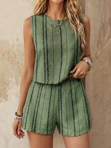 EMERY ROSE 2pcs Stripe Print Crew Neck Tank Top And Shorts Set, Casual For Women - Green - View 1
