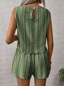 EMERY ROSE 2pcs Stripe Print Crew Neck Tank Top And Shorts Set, Casual For Women - Green - View 2