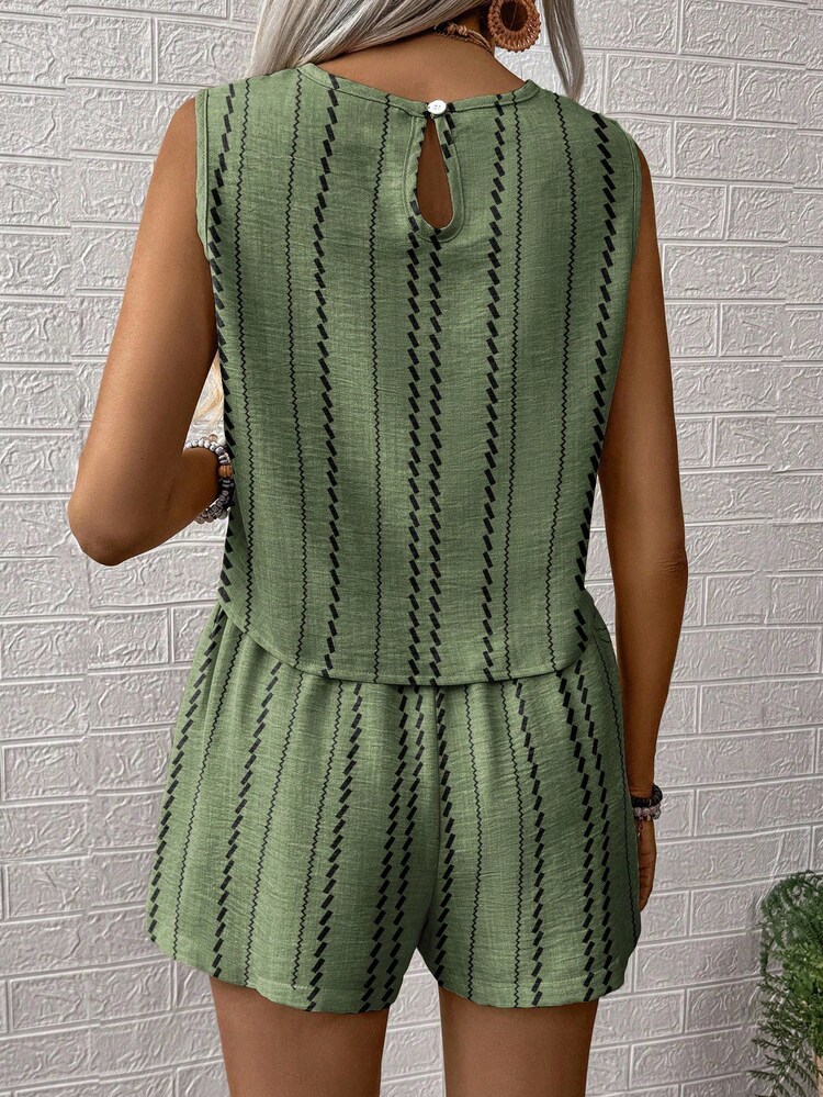 EMERY ROSE 2pcs Stripe Print Crew Neck Tank Top And Shorts Set, Casual For Women - Green - View 2