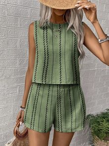EMERY ROSE 2pcs Stripe Print Crew Neck Tank Top And Shorts Set, Casual For Women - Green - View 8