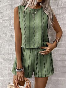 EMERY ROSE 2pcs Stripe Print Crew Neck Tank Top And Shorts Set, Casual For Women - Green - View 7