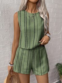 EMERY ROSE 2pcs Stripe Print Crew Neck Tank Top And Shorts Set, Casual For Women - Green - View 4