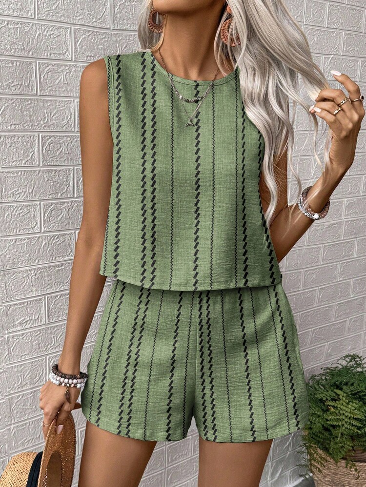 EMERY ROSE 2pcs Stripe Print Crew Neck Tank Top And Shorts Set, Casual For Women - Green - View 5