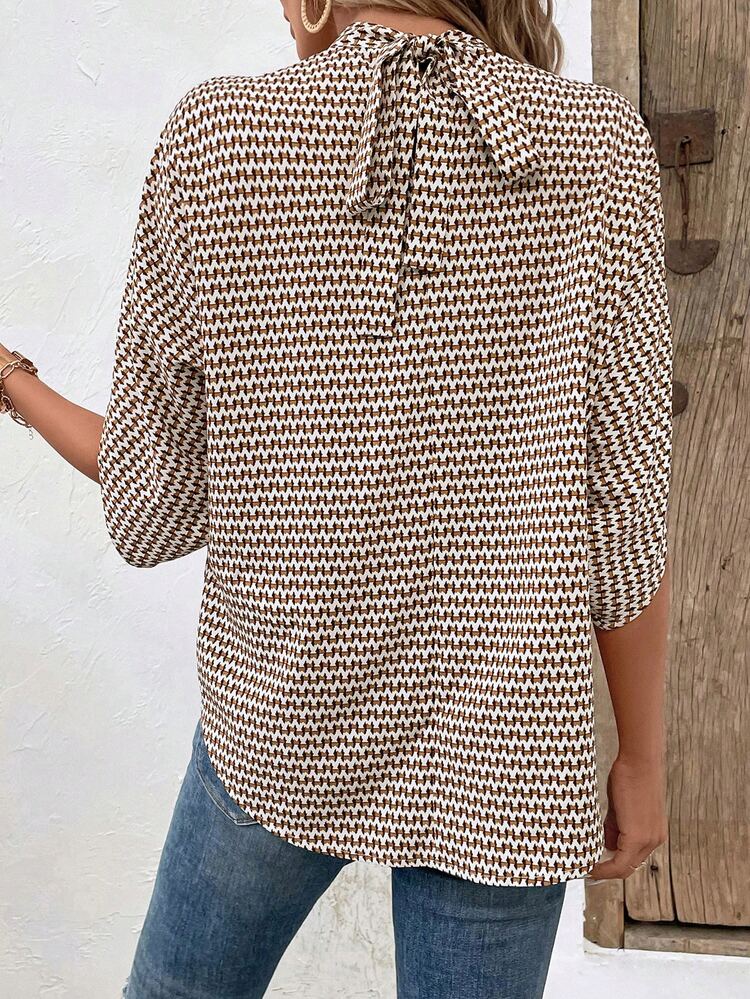 EMERY ROSE Allover Print Split Sleeve Mock Neck Blouse - Khaki - View 5