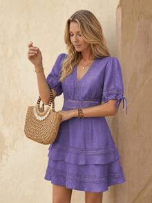 EMERY ROSE Women's Lace Patchwork V-Neck Hollow Waist Puff Sleeve Mini Dress, Summer - Purple - View 1