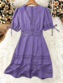 EMERY ROSE Women's Lace Patchwork V-Neck Hollow Waist Puff Sleeve Mini Dress, Summer - Purple - View 4