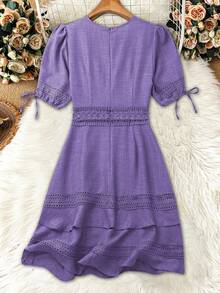 EMERY ROSE Women's Lace Patchwork V-Neck Hollow Waist Puff Sleeve Mini Dress, Summer - Purple - View 2