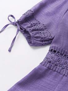 EMERY ROSE Women's Lace Patchwork V-Neck Hollow Waist Puff Sleeve Mini Dress, Summer - Purple - View 5