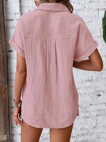 EMERY ROSE Vacation Casual Solid Color Textured Batwing Sleeve Shirt - Pink - View 2