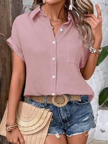 EMERY ROSE Vacation Casual Solid Color Textured Batwing Sleeve Shirt - Pink - View 6