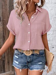 EMERY ROSE Vacation Casual Solid Color Textured Batwing Sleeve Shirt - Pink - View 7