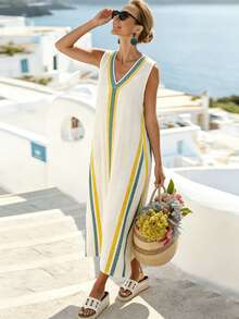 EMERY ROSE Standard Size Women's Blue & Yellow Striped Print Patchwork V-Neck Casual Vacation Mid-Length Dress - Apricot - View 5