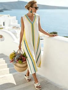 EMERY ROSE Standard Size Women's Blue & Yellow Striped Print Patchwork V-Neck Casual Vacation Mid-Length Dress - Apricot - View 7