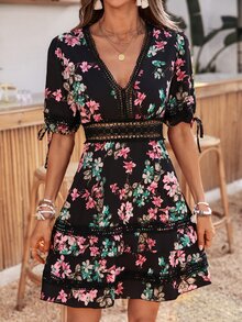 EMERY ROSE Floral Print Contrast Lace Hem Women's Dress - Pink - View 6