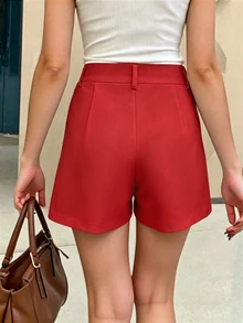 SHEIN PariChic Women's Solid Color Pleated Design Casual Loose Shorts - Rose Red - View 2