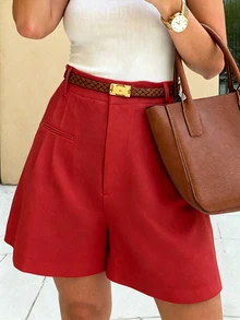 SHEIN PariChic Women's Solid Color Pleated Design Casual Loose Shorts - Rose Red - View 5