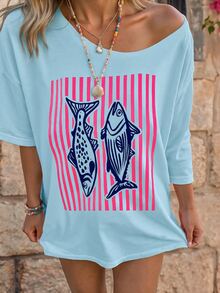 EMERY ROSE Women's Vacation Style Striped Print Loose Off-Shoulder T-Shirt - Blue - View 1
