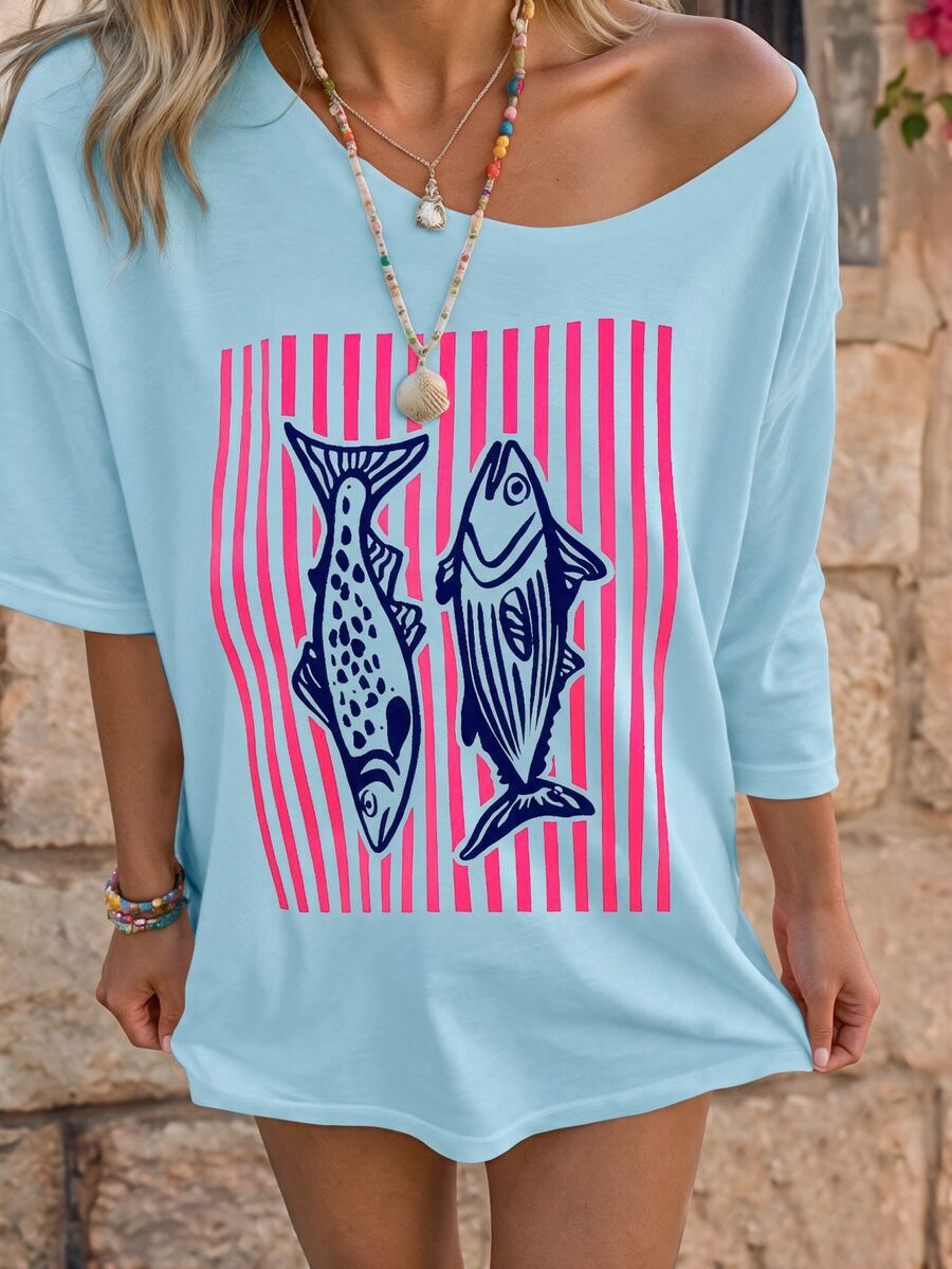 EMERY ROSE Women's Vacation Style Striped Print Loose Off-Shoulder T-Shirt - Blue - View 1