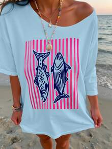 EMERY ROSE Women's Vacation Style Striped Print Loose Off-Shoulder T-Shirt - Blue - View 3