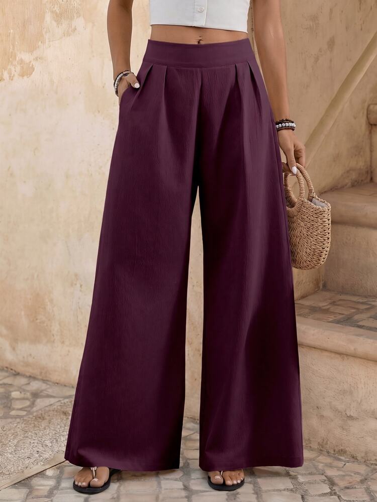 EMERY ROSE Women's Solid Color High Waist Pleated Pocket Wide Leg Loose Casual Pants - Burgundy - View 3