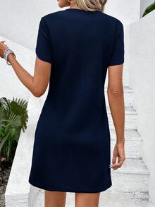EMERY ROSE Women's Solid Color V-Neck Short Sleeve Casual Short Dress - Navy Blue - View 2