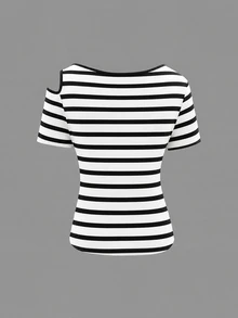 Selamara Women's Casual Colorblock Striped Asymmetrical Shoulder Short Sleeve Top, Summer - Black and White - View 2