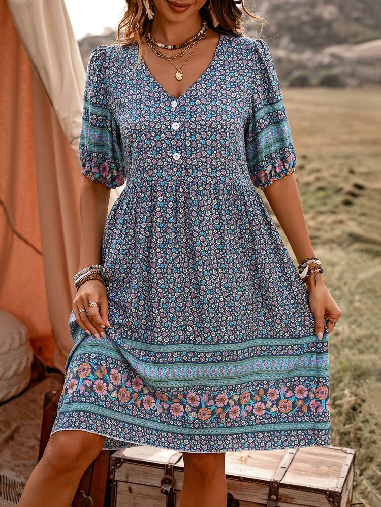 EMERY ROSE Floral Printed Buttoned Casual Dress Vacation Beach Outfits Women - Blue - View 4