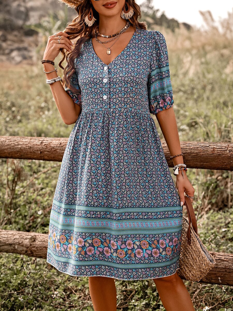 EMERY ROSE Floral Printed Buttoned Casual Dress Vacation Beach Outfits Women - Blue - View 1