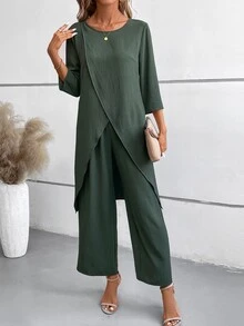 EMERY ROSE 2pcs Set: Solid Color 3/4 Sleeve Round Neck Simple Top And Elastic Waist Pants - Dark Green - View 6