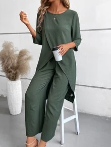 EMERY ROSE 2pcs Set: Solid Color 3/4 Sleeve Round Neck Simple Top And Elastic Waist Pants - Dark Green - View 2