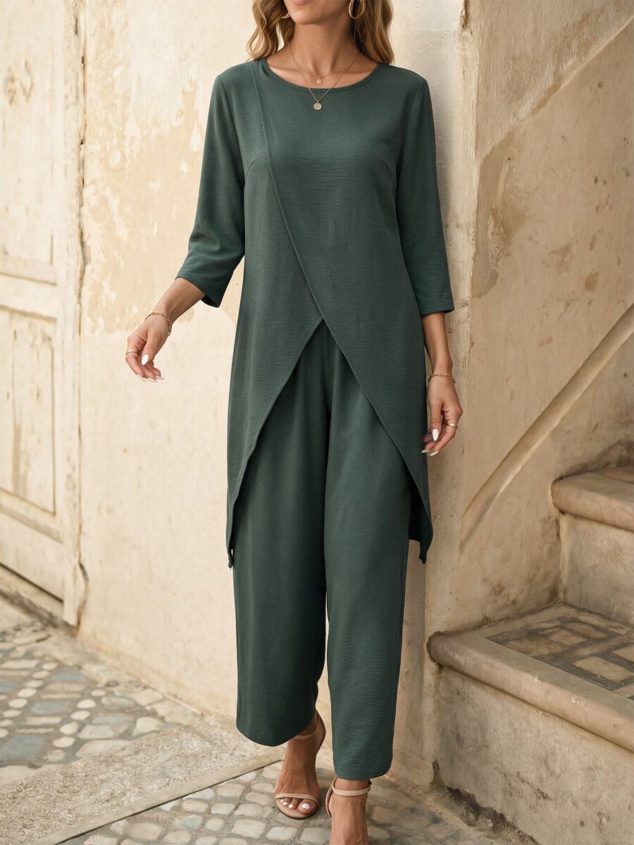 EMERY ROSE 2pcs Set: Solid Color 3/4 Sleeve Round Neck Simple Top And Elastic Waist Pants - Dark Green - View 1
