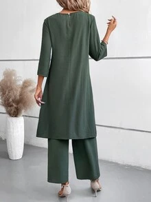 EMERY ROSE 2pcs Set: Solid Color 3/4 Sleeve Round Neck Simple Top And Elastic Waist Pants - Dark Green - View 4